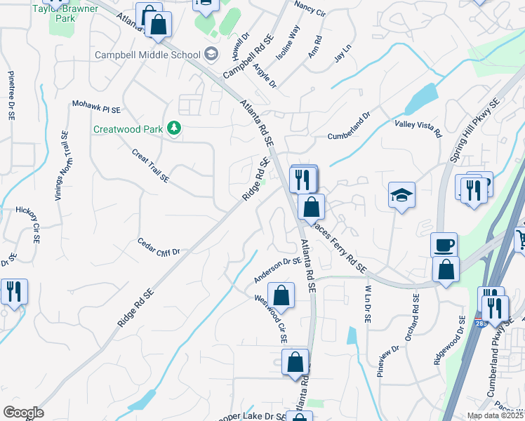 map of restaurants, bars, coffee shops, grocery stores, and more near 3617 Carson Lane Southeast in Smyrna