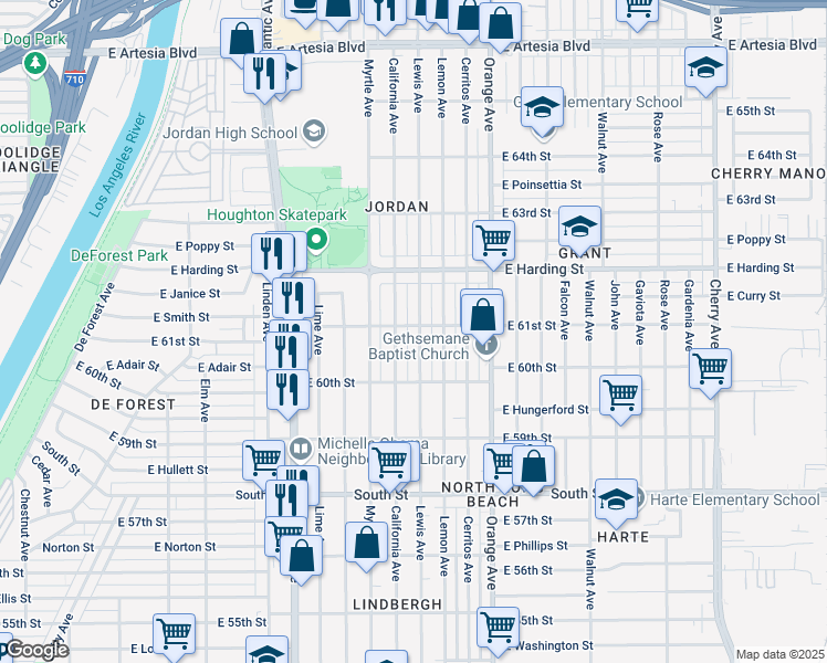 map of restaurants, bars, coffee shops, grocery stores, and more near 6095 Lewis Avenue in Long Beach