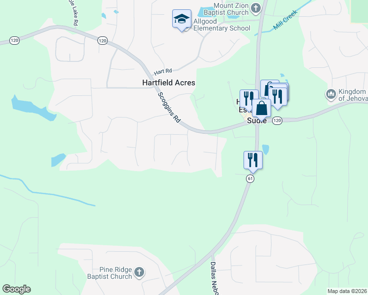 map of restaurants, bars, coffee shops, grocery stores, and more near 108 Sugar Mill Drive in Dallas