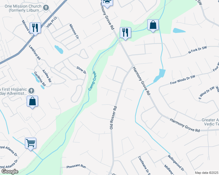map of restaurants, bars, coffee shops, grocery stores, and more near 5841 Covered Wagon Trail Southwest in Lilburn