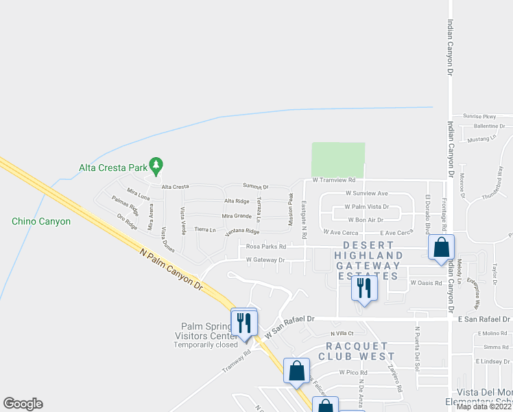 map of restaurants, bars, coffee shops, grocery stores, and more near 809 Alta Ridge in Palm Springs