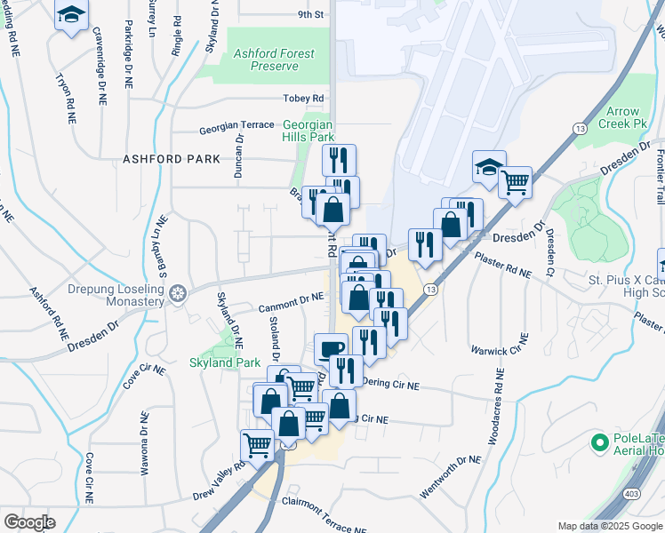 map of restaurants, bars, coffee shops, grocery stores, and more near 2762 Dresden Drive Northeast in Atlanta