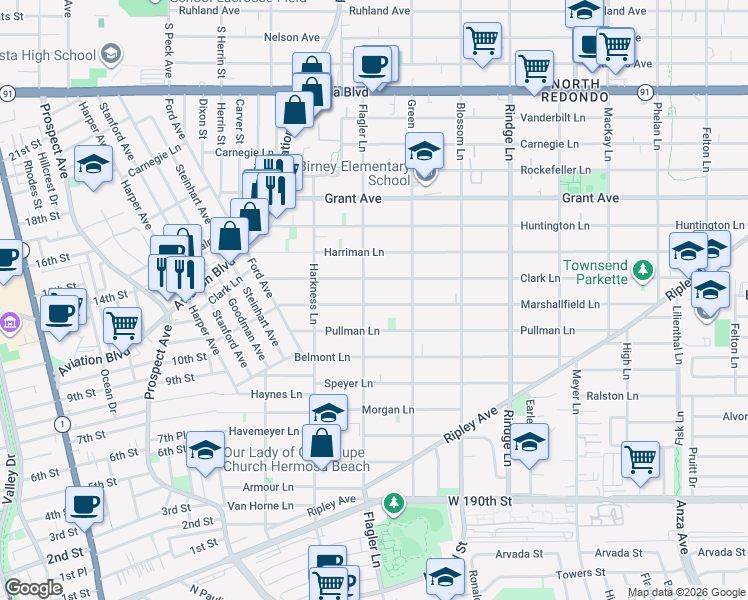 map of restaurants, bars, coffee shops, grocery stores, and more near 1905 Marshallfield Lane in Redondo Beach