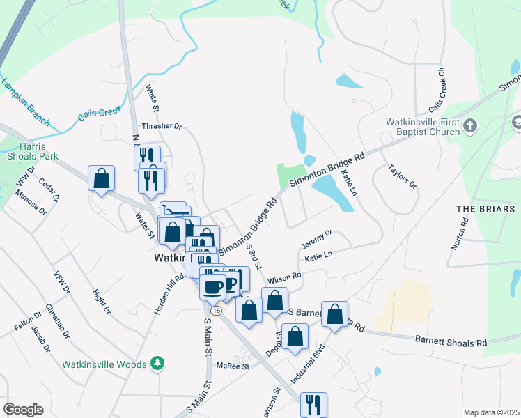 map of restaurants, bars, coffee shops, grocery stores, and more near 61 Whitehall Road in Watkinsville
