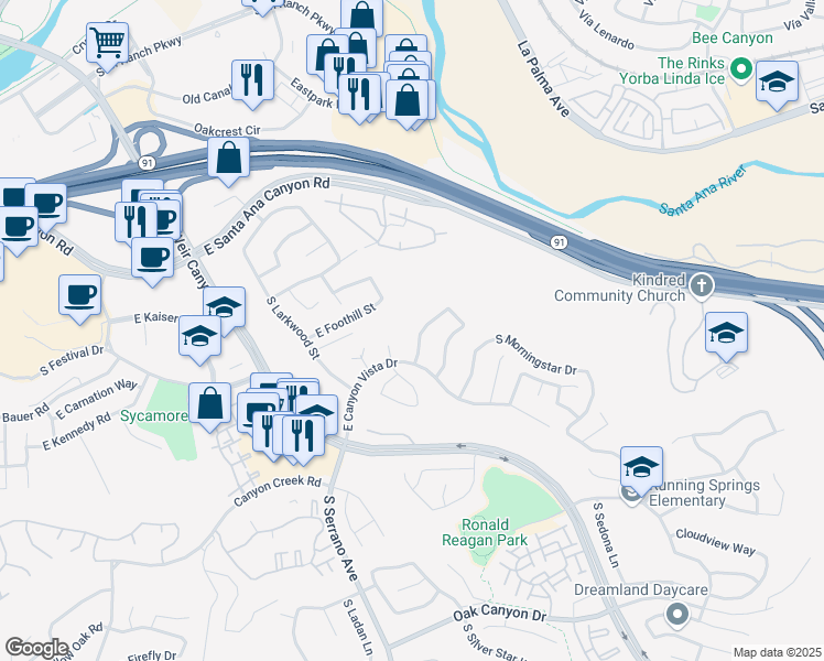 map of restaurants, bars, coffee shops, grocery stores, and more near 440 South Laureltree Drive in Anaheim