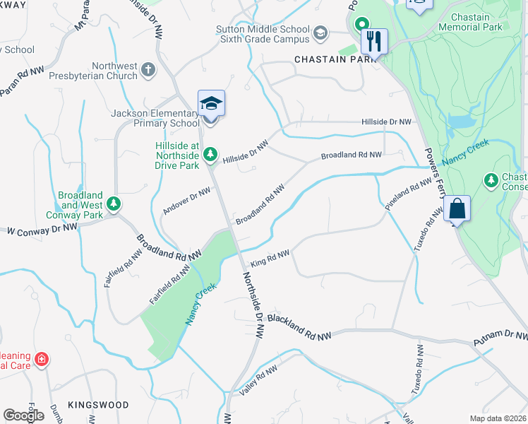 map of restaurants, bars, coffee shops, grocery stores, and more near 490 Broadland Road Northwest in Atlanta
