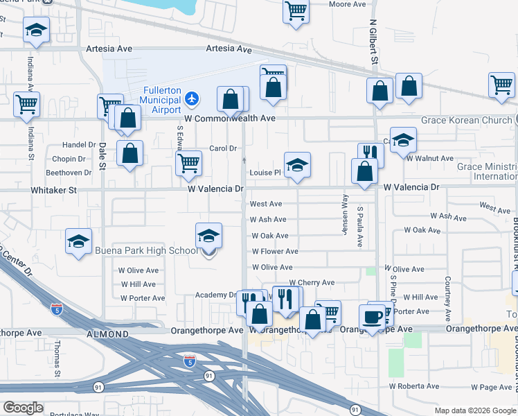 map of restaurants, bars, coffee shops, grocery stores, and more near 3620 West Avenue in Fullerton