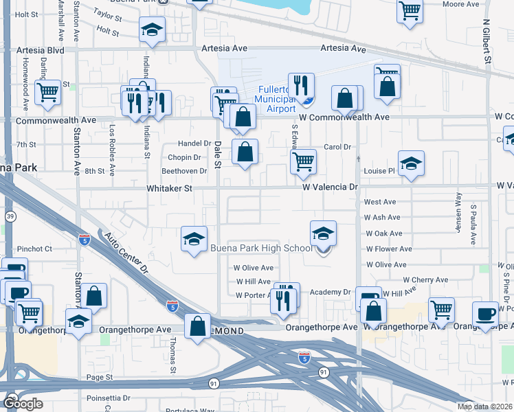 map of restaurants, bars, coffee shops, grocery stores, and more near 4201 Franklin Avenue in Fullerton
