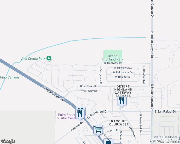 map of restaurants, bars, coffee shops, grocery stores, and more near 701 Alta Ridge in Palm Springs