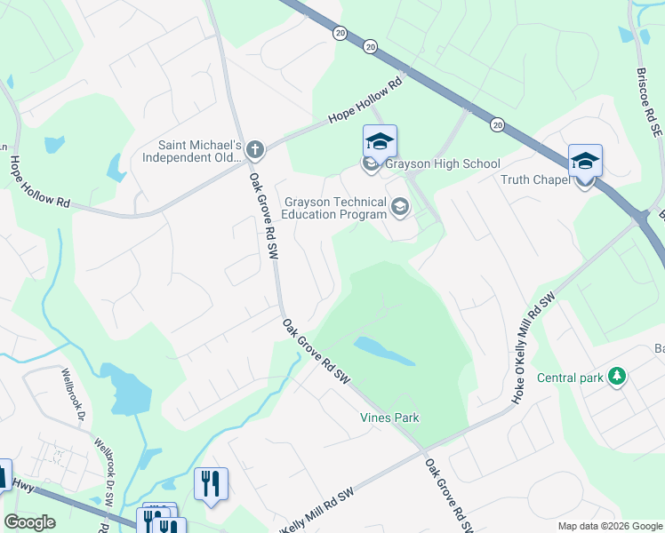 map of restaurants, bars, coffee shops, grocery stores, and more near 3340 Watson Gate Road Southwest in Loganville