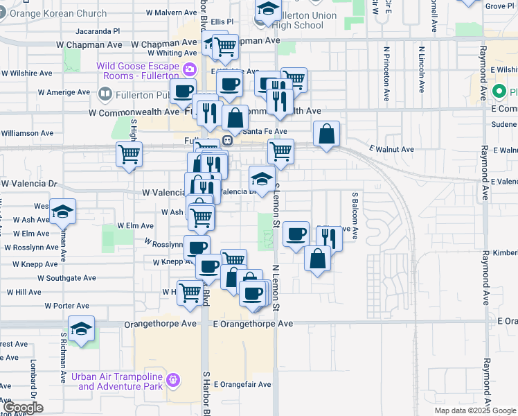map of restaurants, bars, coffee shops, grocery stores, and more near 231 East Ash Avenue in Fullerton
