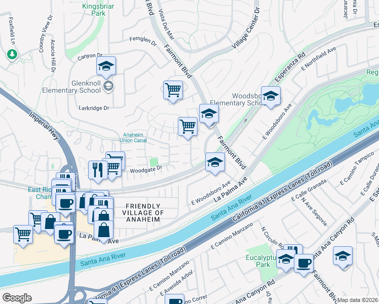 map of restaurants, bars, coffee shops, grocery stores, and more near 20247 Fern Creek Lane in Yorba Linda
