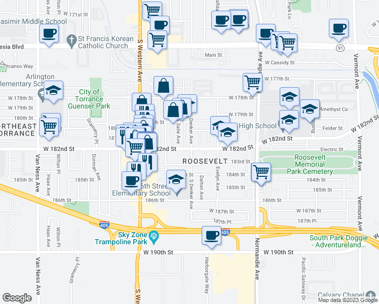 map of restaurants, bars, coffee shops, grocery stores, and more near 1570 West 182nd Street in Gardena