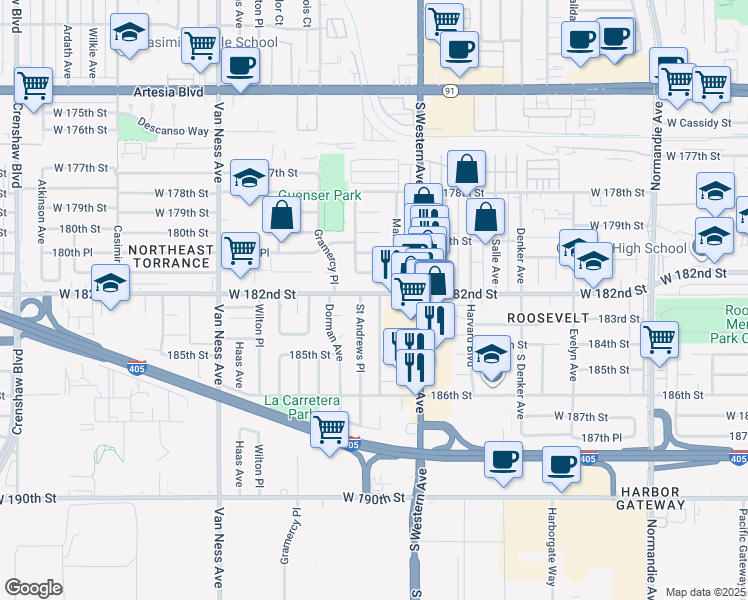 map of restaurants, bars, coffee shops, grocery stores, and more near 18203 Manhattan Place in Torrance