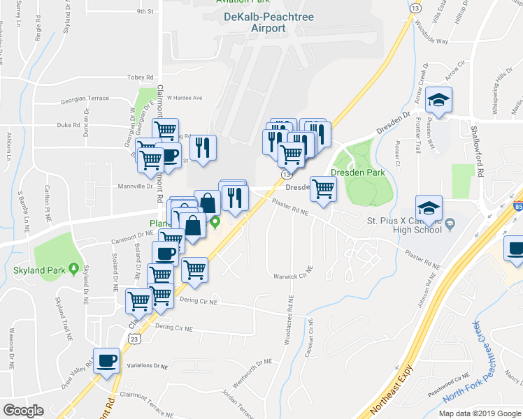 map of restaurants, bars, coffee shops, grocery stores, and more near 4229 Buford Highway Northeast in Atlanta