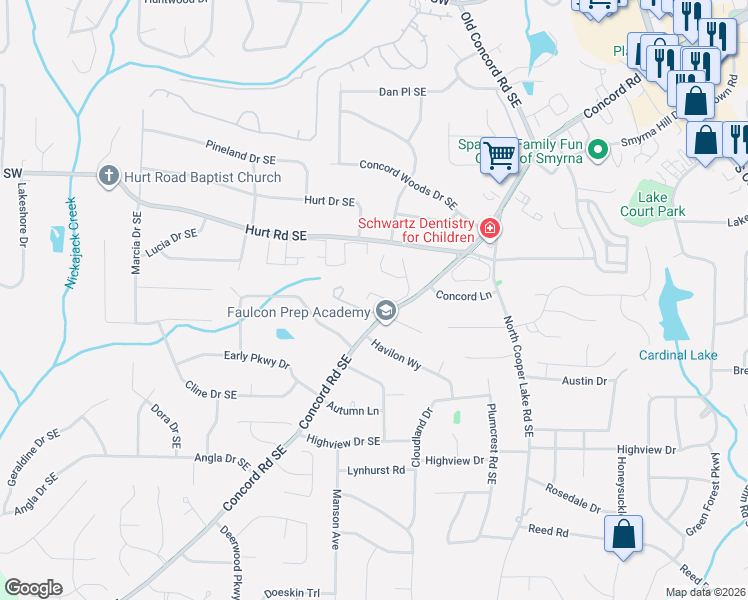 map of restaurants, bars, coffee shops, grocery stores, and more near 1147 Berkley Drive Southeast in Smyrna
