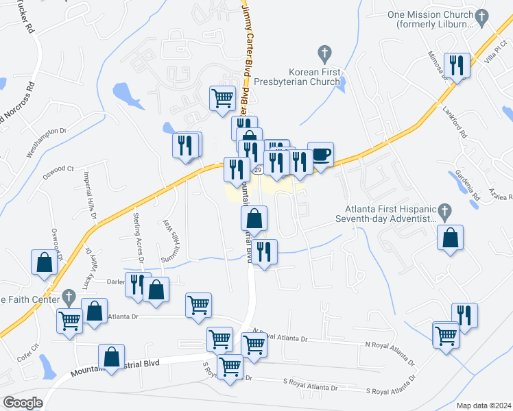 map of restaurants, bars, coffee shops, grocery stores, and more near 2710 Tucker Valley Road in Tucker