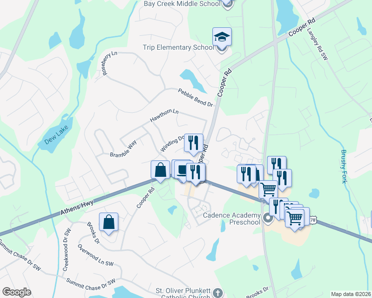 map of restaurants, bars, coffee shops, grocery stores, and more near 902 Thorny Lane in Grayson