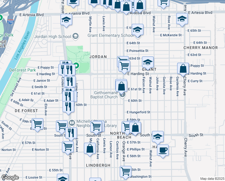 map of restaurants, bars, coffee shops, grocery stores, and more near 6096 Lemon Avenue in Long Beach