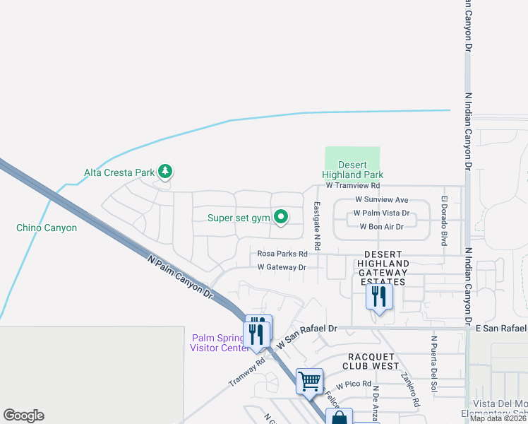 map of restaurants, bars, coffee shops, grocery stores, and more near 809 Alta Ridge in Palm Springs