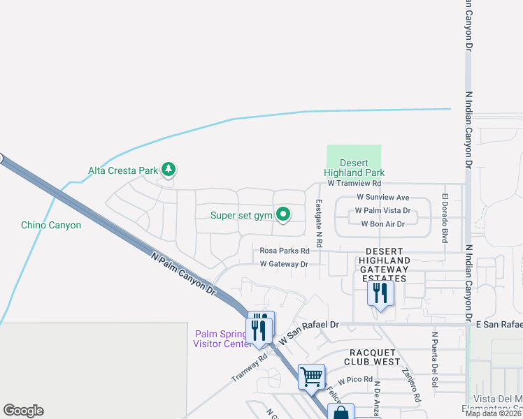 map of restaurants, bars, coffee shops, grocery stores, and more near 809 Alta Ridge in Palm Springs