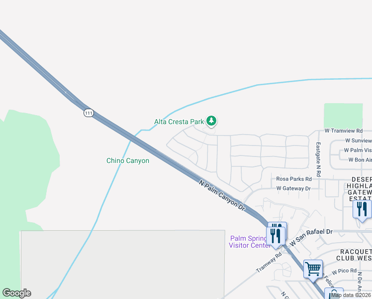 map of restaurants, bars, coffee shops, grocery stores, and more near 1231 Palmas Ridge in Palm Springs