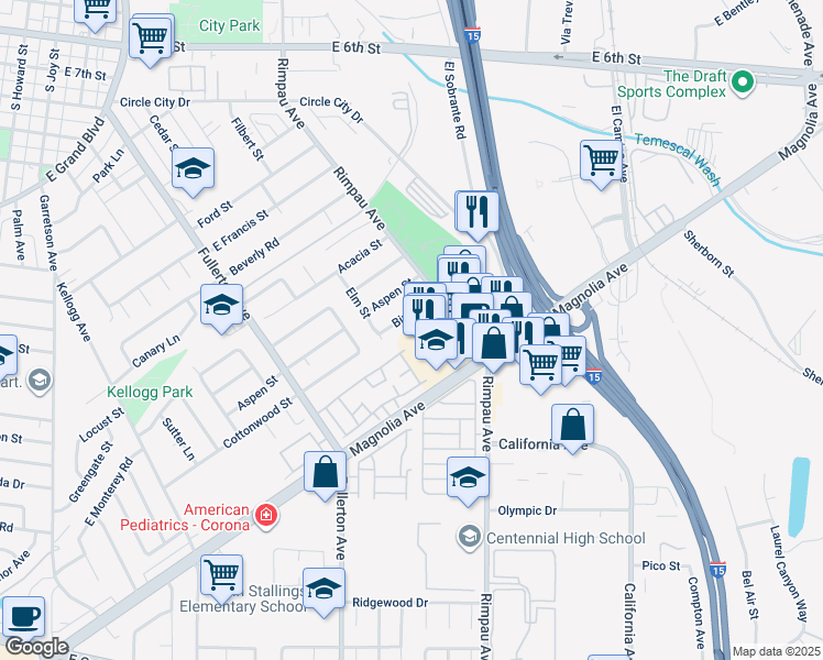 map of restaurants, bars, coffee shops, grocery stores, and more near 1385 Ivy Circle in Corona
