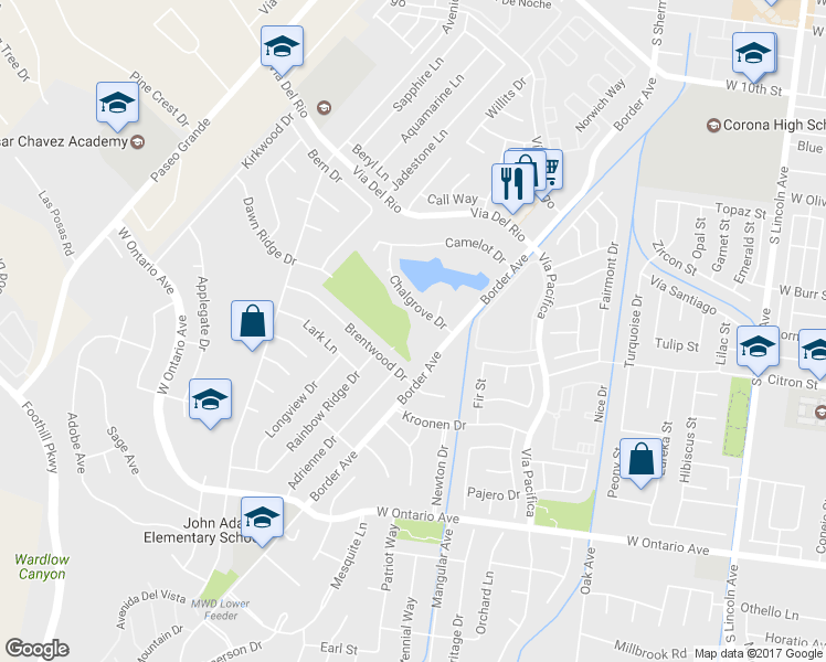 map of restaurants, bars, coffee shops, grocery stores, and more near 1542 Border Avenue in Corona