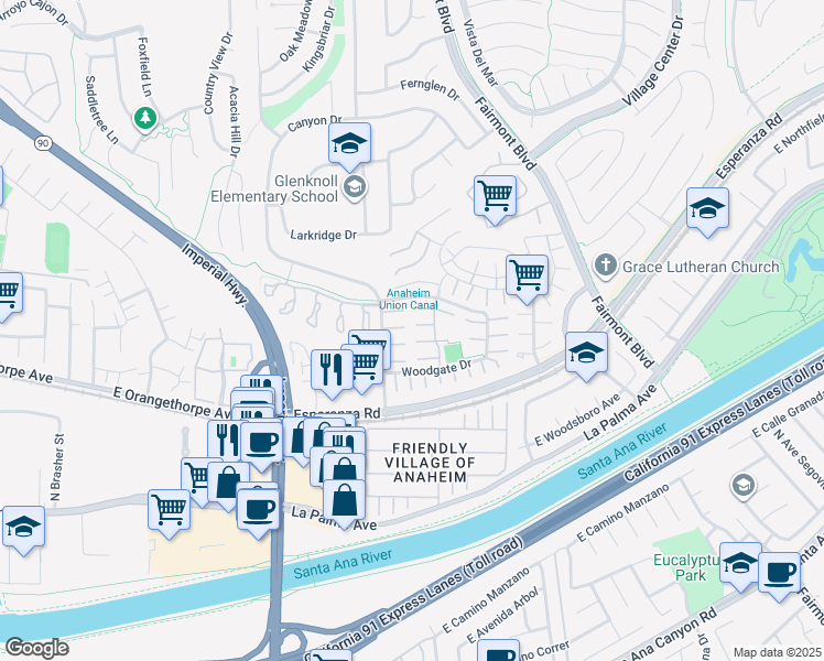 map of restaurants, bars, coffee shops, grocery stores, and more near 20051 Pineville Court in Yorba Linda