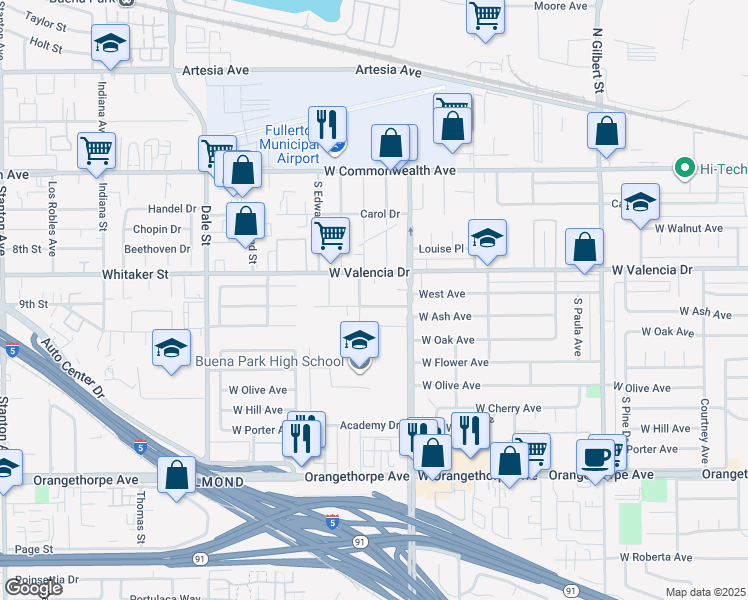 map of restaurants, bars, coffee shops, grocery stores, and more near 3841 Franklin Avenue in Fullerton