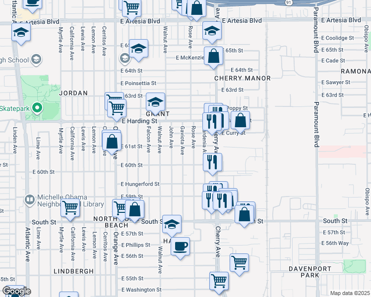 map of restaurants, bars, coffee shops, grocery stores, and more near 6066 Gaviota Avenue in Long Beach