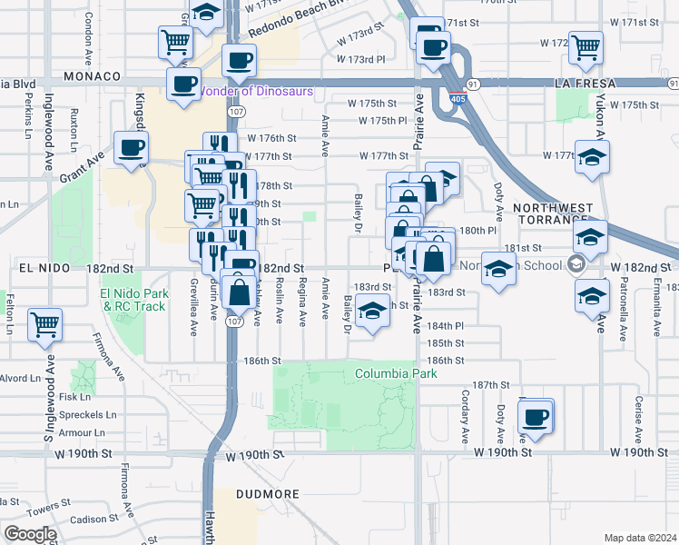 map of restaurants, bars, coffee shops, grocery stores, and more near 4122 West 182nd Street in Torrance