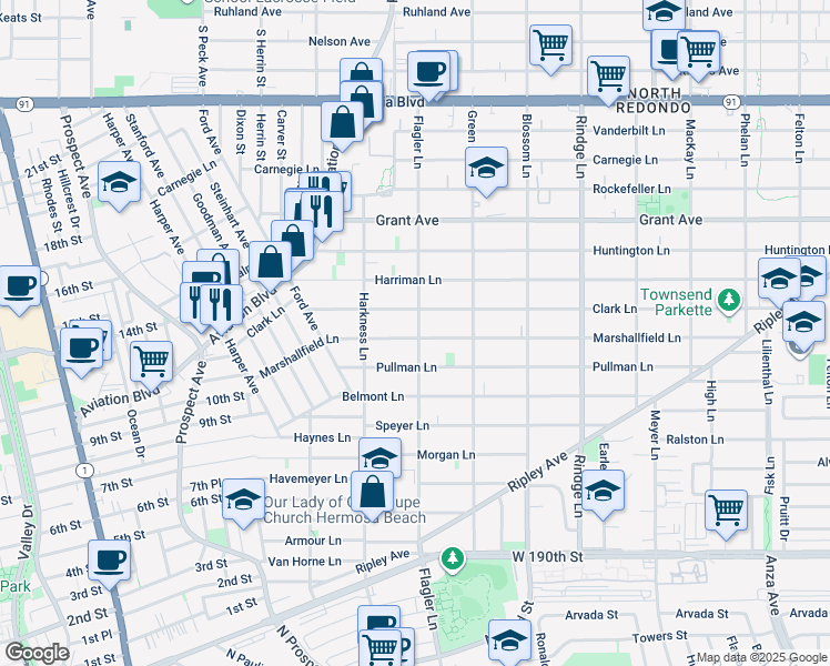 map of restaurants, bars, coffee shops, grocery stores, and more near 1905 Marshallfield Lane in Redondo Beach
