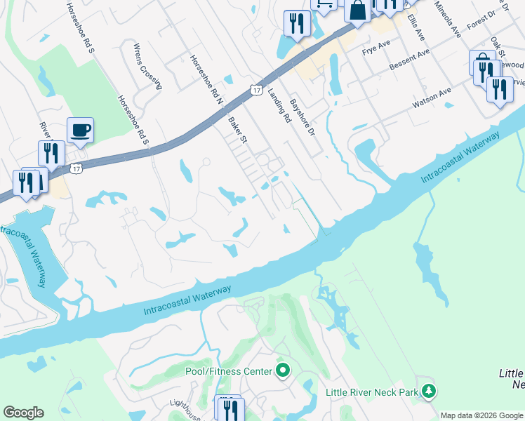map of restaurants, bars, coffee shops, grocery stores, and more near 4359 River Gate Lane in Little River