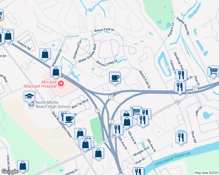 map of restaurants, bars, coffee shops, grocery stores, and more near 4273 Villas Drive in Little River
