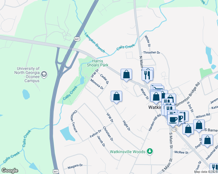 map of restaurants, bars, coffee shops, grocery stores, and more near 78 Cedar Drive in Watkinsville