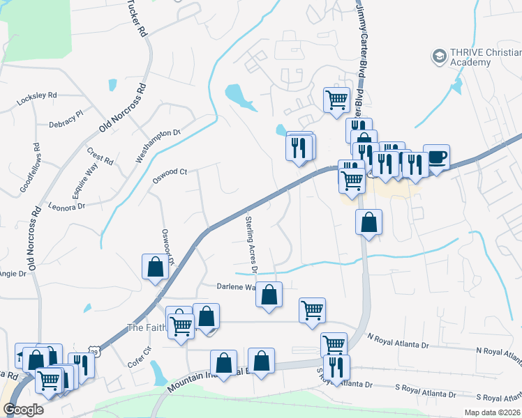 map of restaurants, bars, coffee shops, grocery stores, and more near 2662 Northforke Court in Tucker