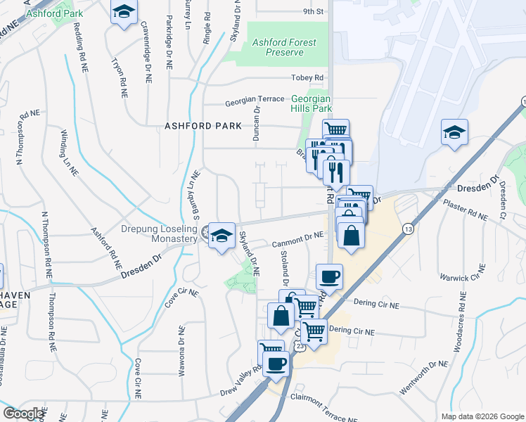 map of restaurants, bars, coffee shops, grocery stores, and more near 2651 Dresden Place in Brookhaven