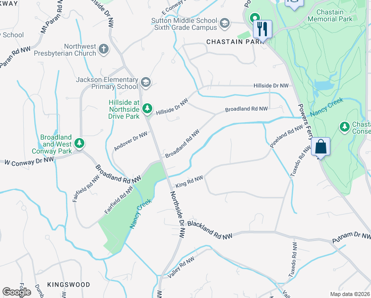 map of restaurants, bars, coffee shops, grocery stores, and more near 490 Broadland Road Northwest in Atlanta