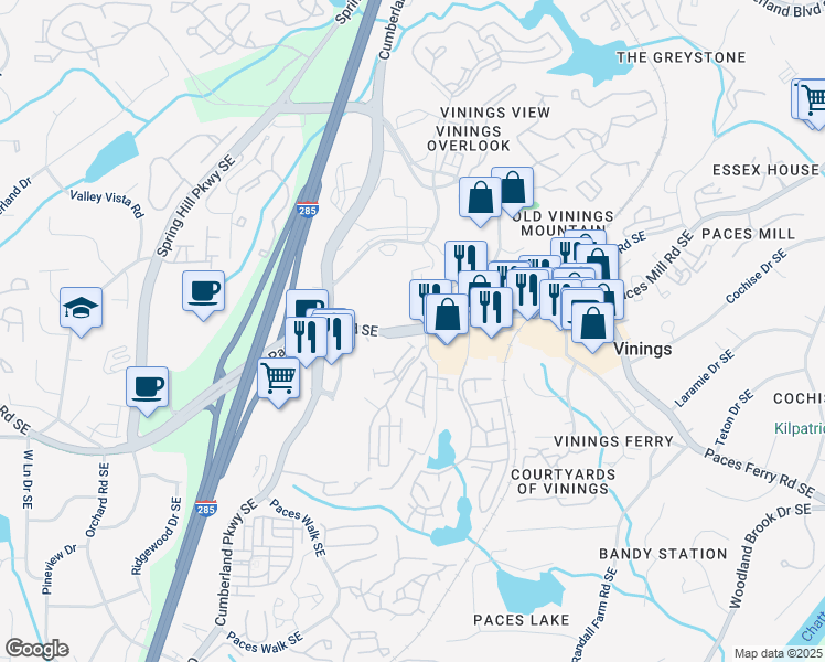 map of restaurants, bars, coffee shops, grocery stores, and more near 2841 Paces Lookout Lane Southeast in Atlanta