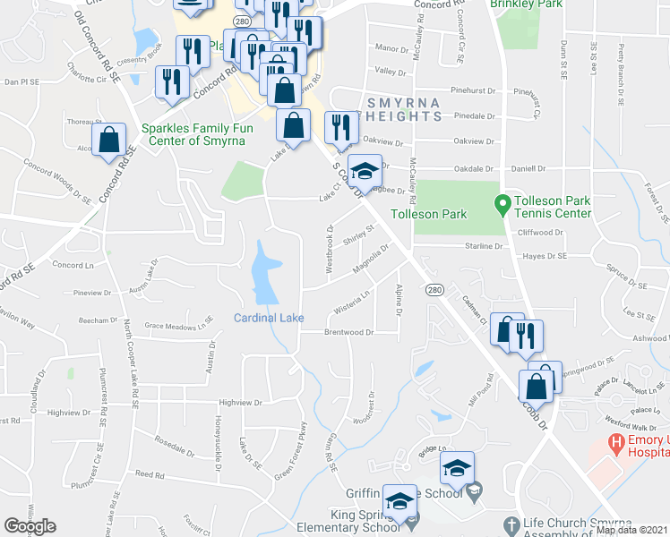 map of restaurants, bars, coffee shops, grocery stores, and more near 901-951 Magnolia Drive in Smyrna