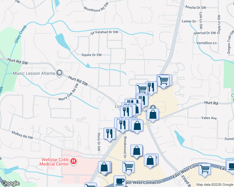 map of restaurants, bars, coffee shops, grocery stores, and more near 3664 Heritage Ridge Lane in Marietta