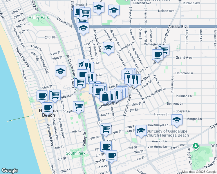 map of restaurants, bars, coffee shops, grocery stores, and more near 1401 Bonnie Brae Street in Hermosa Beach