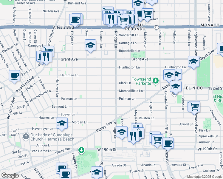 map of restaurants, bars, coffee shops, grocery stores, and more near 2117 Marshallfield Lane in Redondo Beach