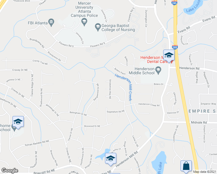 map of restaurants, bars, coffee shops, grocery stores, and more near 2674 Smoketree Way Northeast in Atlanta