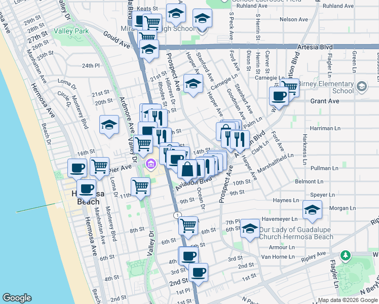 map of restaurants, bars, coffee shops, grocery stores, and more near 1401 Bonnie Brae Street in Hermosa Beach