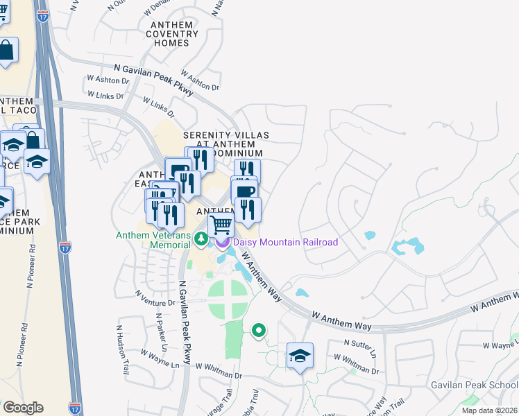map of restaurants, bars, coffee shops, grocery stores, and more near 41916 North Celebration Court in Phoenix