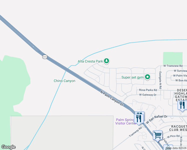 map of restaurants, bars, coffee shops, grocery stores, and more near 1207 North Avenida Palmas in Palm Springs