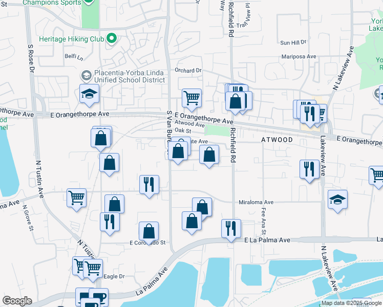 map of restaurants, bars, coffee shops, grocery stores, and more near 1644 La Paloma Avenue in Placentia