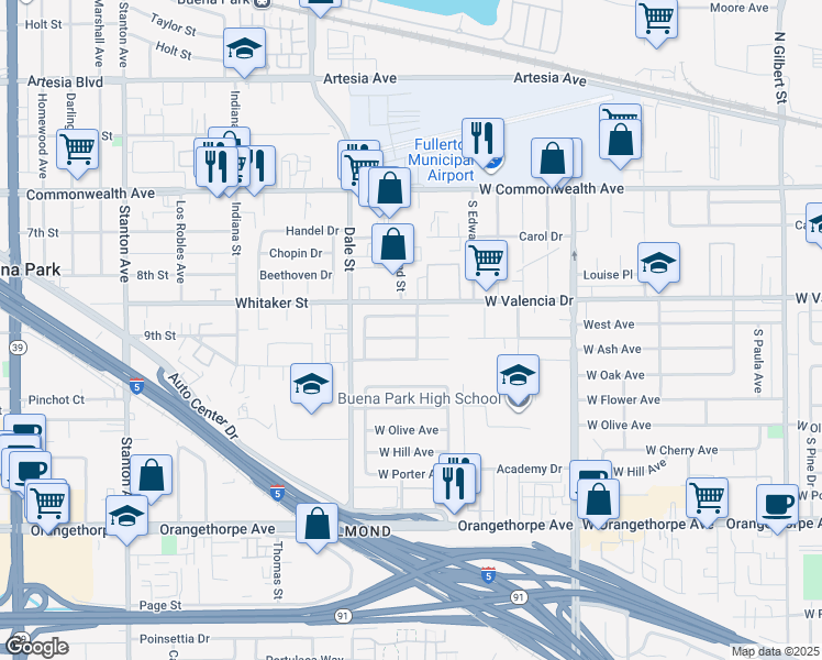 map of restaurants, bars, coffee shops, grocery stores, and more near 4201 Franklin Avenue in Fullerton